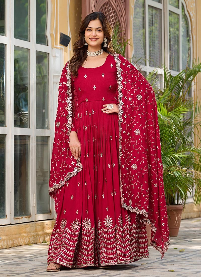 Maroon Vichitra Silk Embroidered Sequins Anarkali Suit