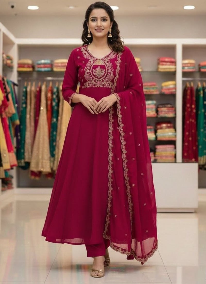 Maroon Vichitra Silk Embroidered Sequins Anarkali Suit Festive Wear