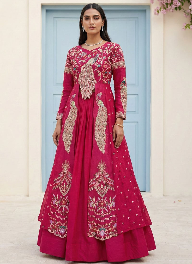 Maroon Vichitra Silk Embroidered Sequins Long Choli Lehenga Set Festive Wear