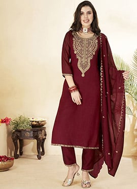 Maroon Vichitra Silk Embroidered Straight Pant Suit