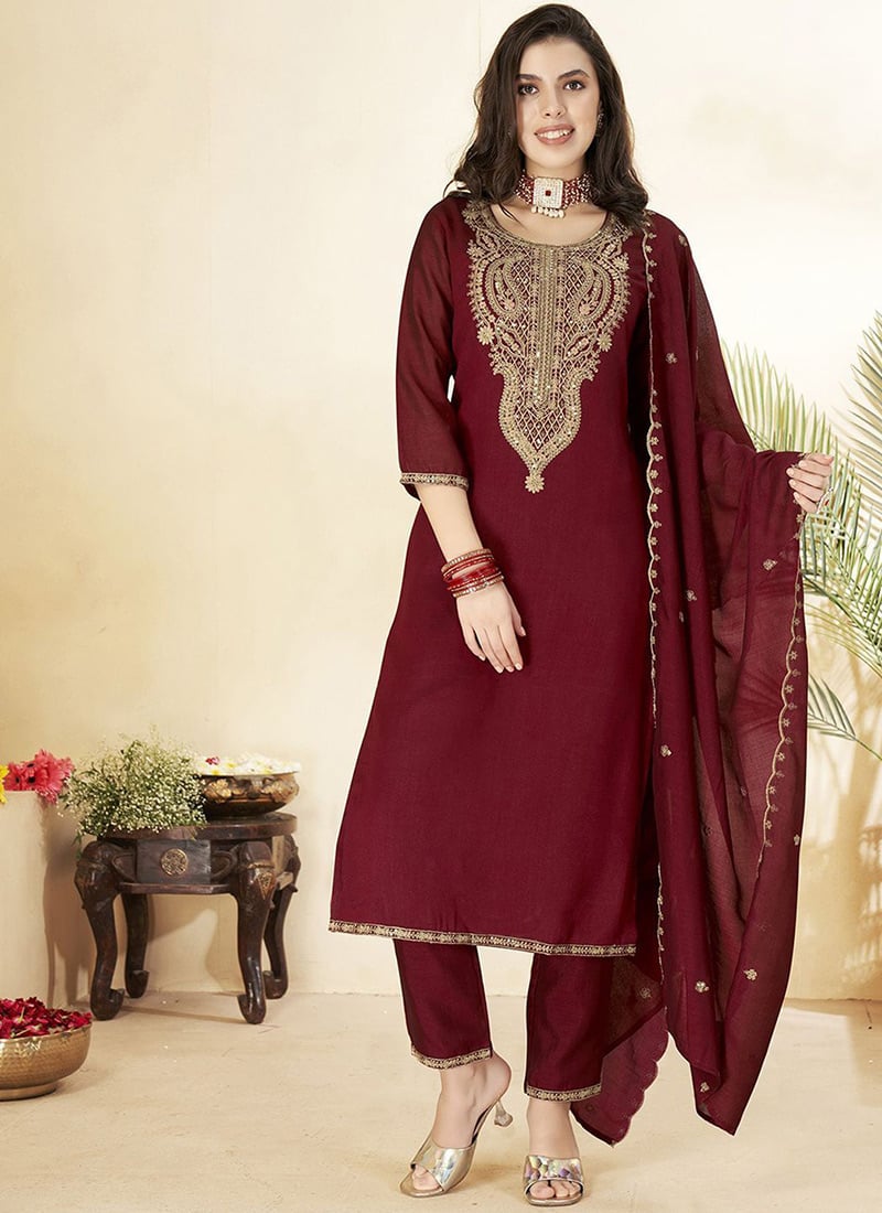 Maroon Vichitra Silk Embroidered Straight Pant Suit Festive Wear