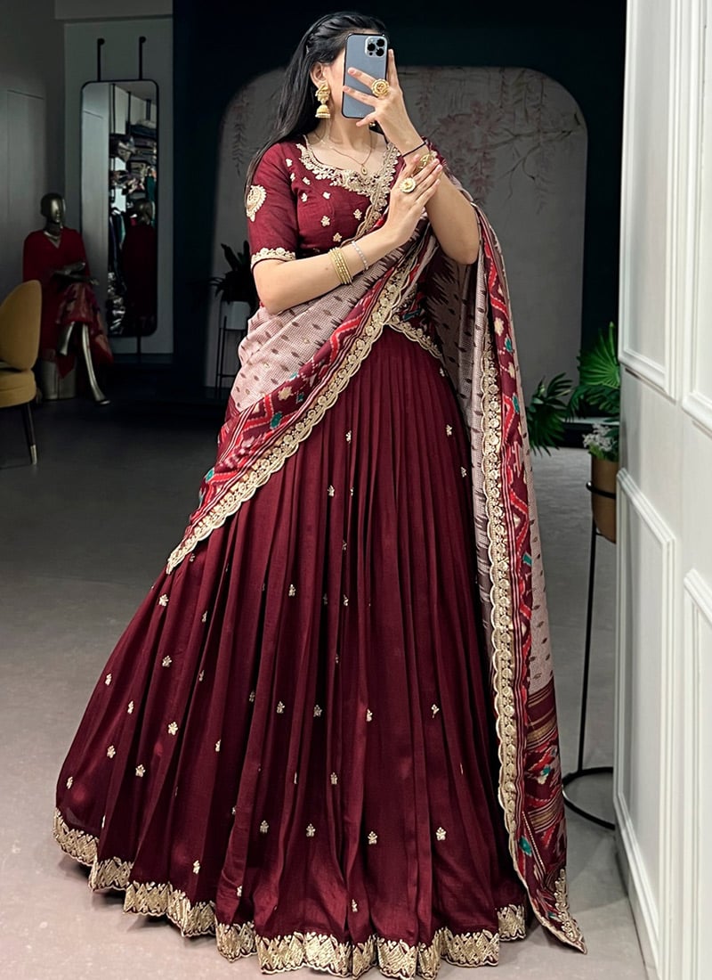 Maroon Vichitra Silk Sequins And Embroidered Lehenga Festive Wear