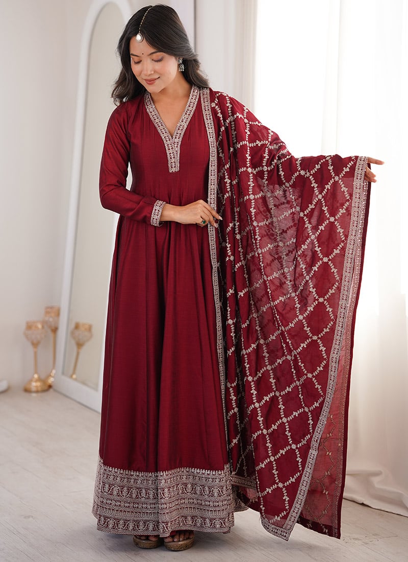 Maroon Vichitra Silk Sequins Embroidered Anarkali Suit Festive Wear