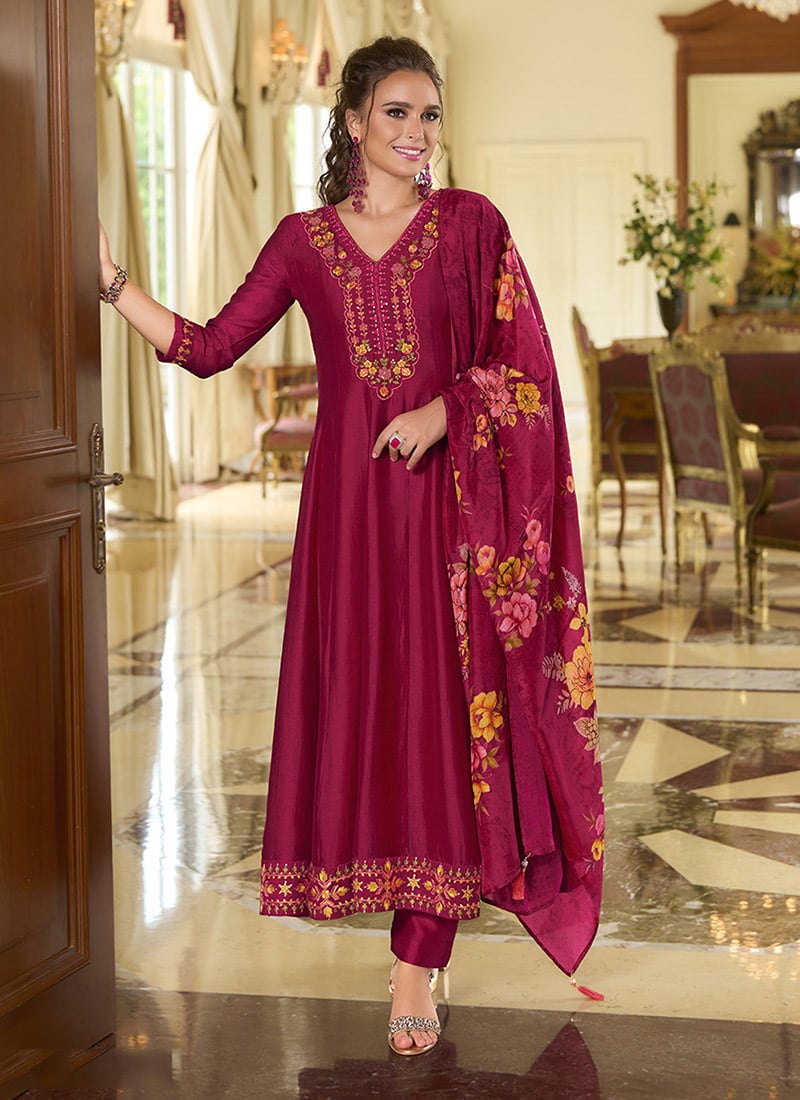 Maroon Vichitra Silk Sequins Embroidered And Beads Straight Pant Suit Festive Wear