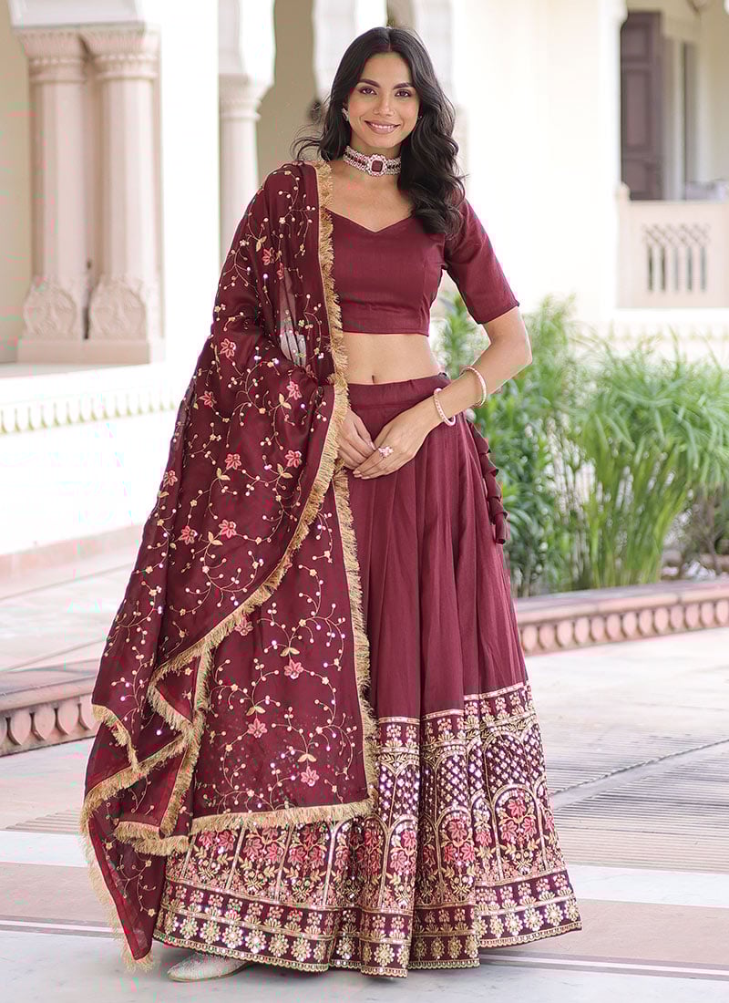 Maroon Vichitra Silk Sequins Thread Work A Line Lehenga Festive Wear