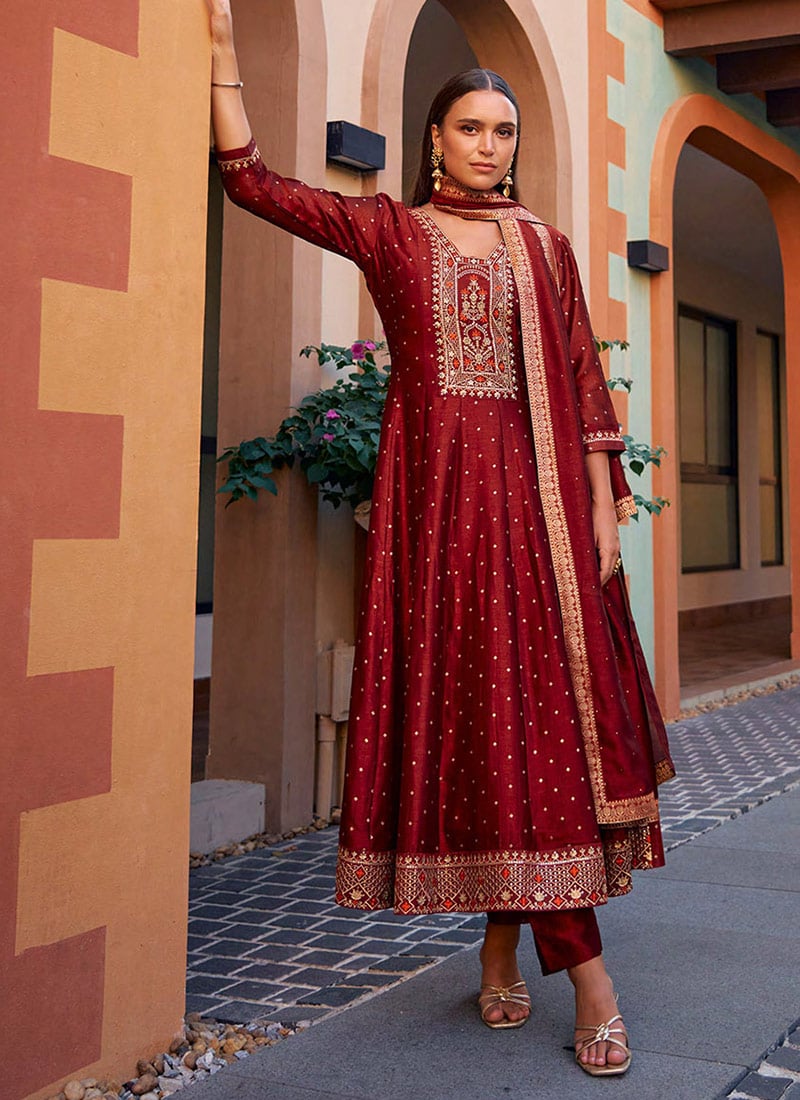 Maroon Vichitra Silk Zari Embroidered Sequins A Line Straight Pant Suit Festive Wear