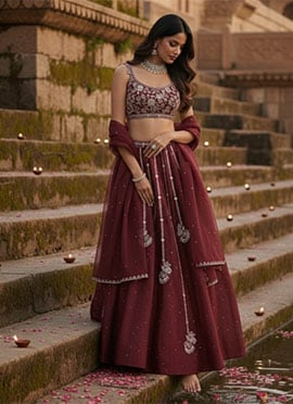 Maroon Vichitra Silk Zari Hand Embroidered Sequins Lehenga