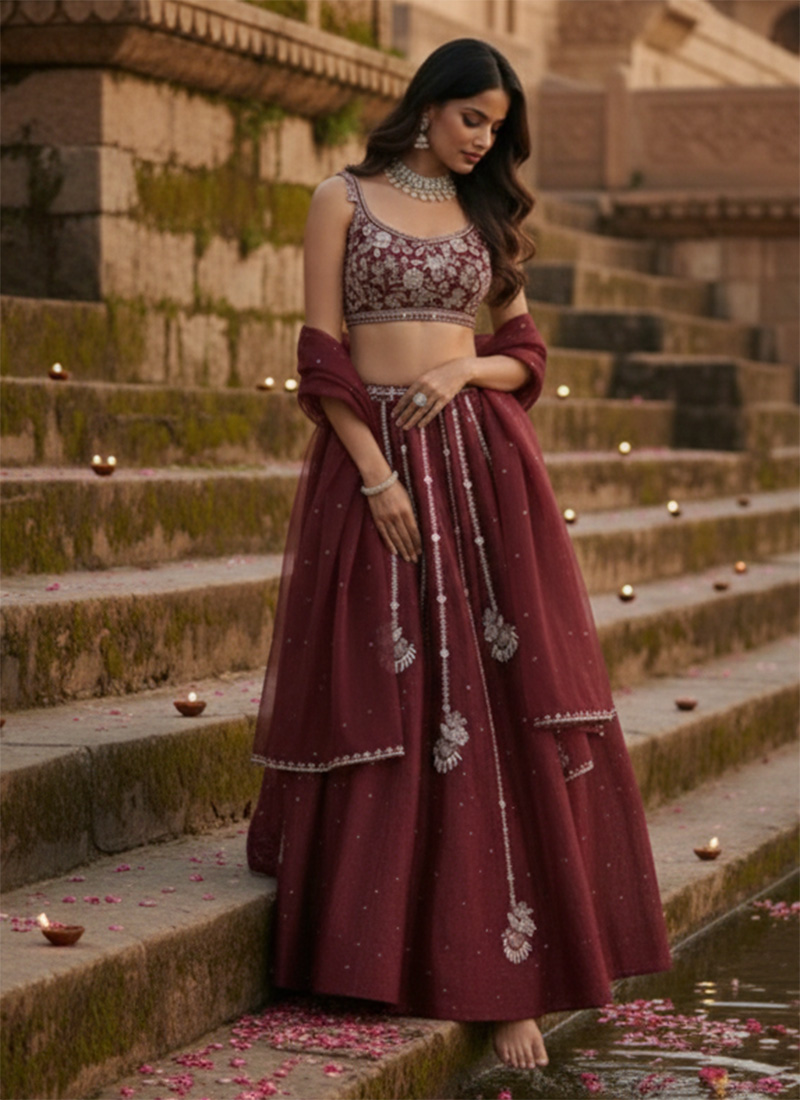 Maroon Vichitra Silk Zari Hand Embroidered Sequins Lehenga Wedding Wear