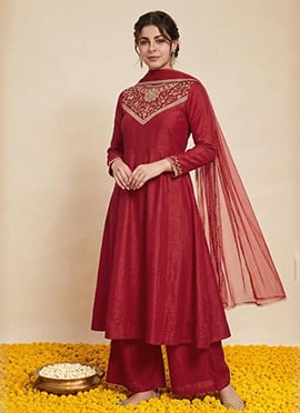 Maroon Vichitra Silk Zari Sequins Embroidered A Line Anarkali Palazzo Suit