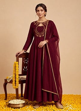 Maroon Vichitra Silk Zari Sequins Embroidered Anarkali Suit