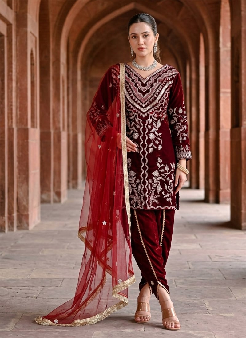 Maroon Viscos Velvet Embroidered Salwar Suit After Six Wear