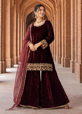 Maroon Viscos Velvet Embroidered Sharara Suit