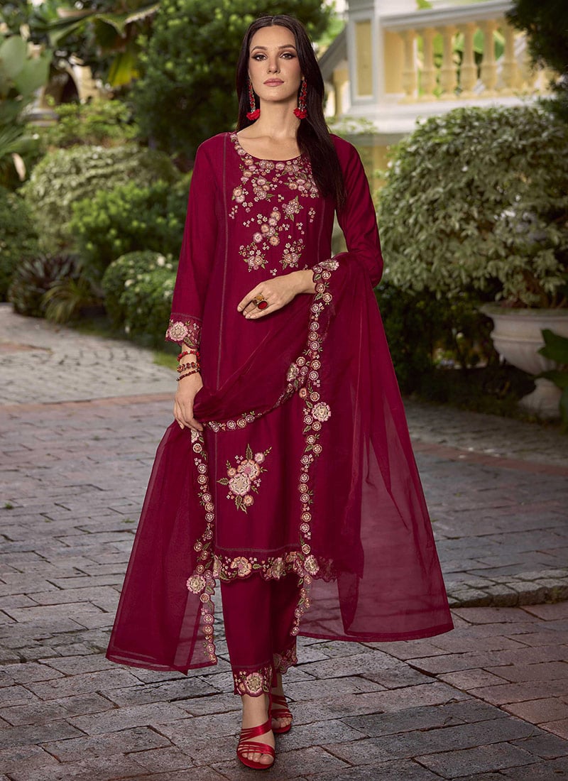 Maroon Viscose Beads And Thread Embroidered Sequins Straight Pant Suit Festive Wear