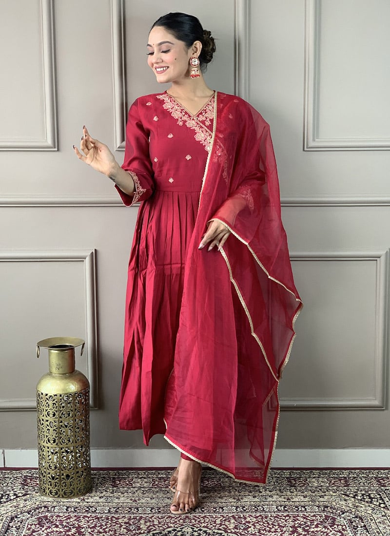 Maroon Viscose Chanderi Embroidered Gorgeous Straight Pant Suit Festive Wear