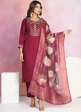 Maroon Viscose Chanderi Embroidered Straight Pant Suit With Digital Print Dupatta
