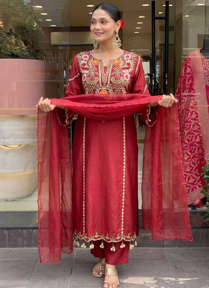Maroon Viscose Embroidered Sequins Straight Pant Suit After Six Wear