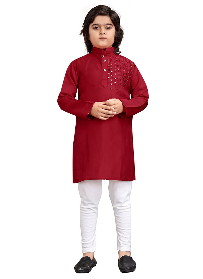 Maroon Viscose Embroidered Thread Kids Boys Kurta Pyjama Festive Wear