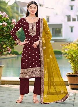 Maroon Viscose Jacquard Embroidered Sequins Straight Pant Suit