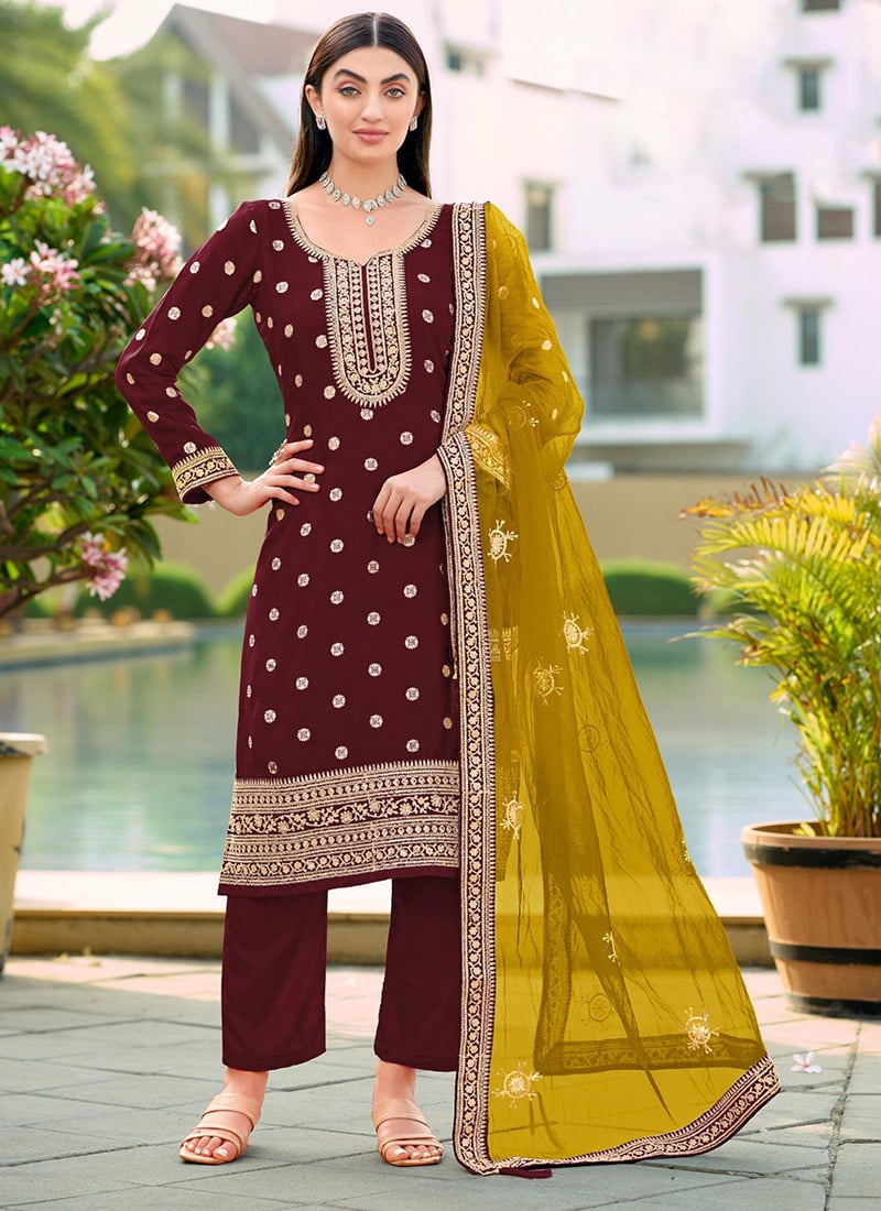 Maroon Viscose Jacquard Embroidered Sequins Straight Pant Suit Festive Wear