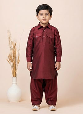 Maroon Viscose Kids Boys Pathani Set