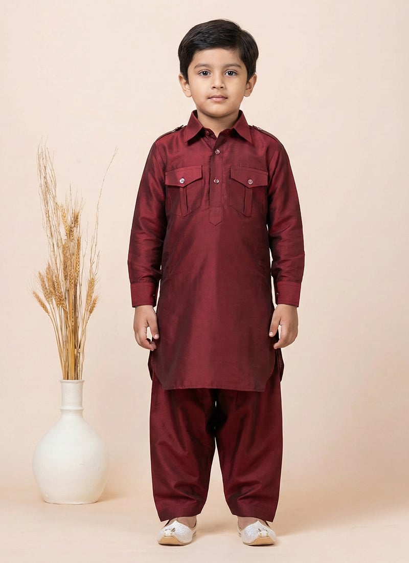 Maroon Viscose Kids Boys Pathani Set Festive Wear