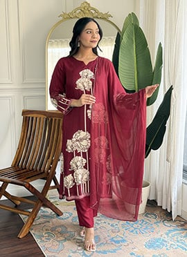 Maroon Viscose Rayon Floral Print Straight Pant Suit