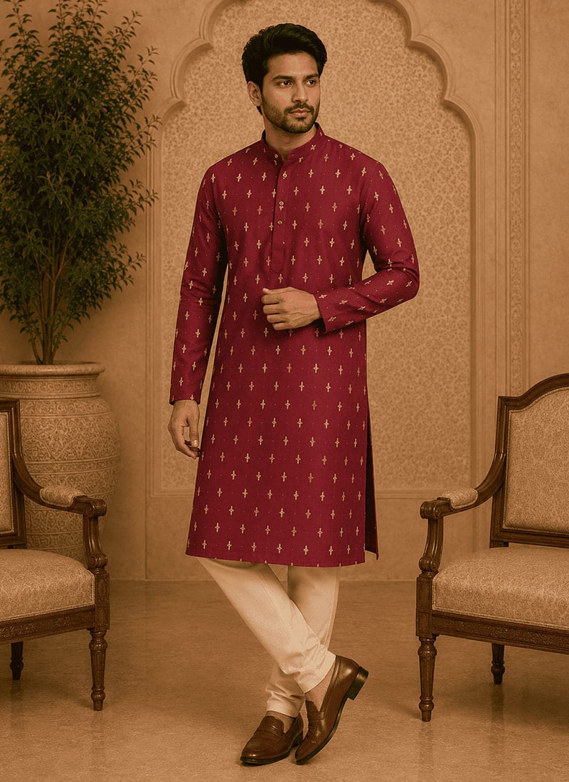 Maroon Viscose Rayon Printed Kurta For Men