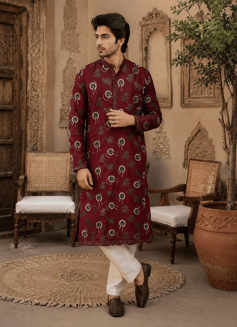 Maroon Viscose Rayon Printed Kurta For Men