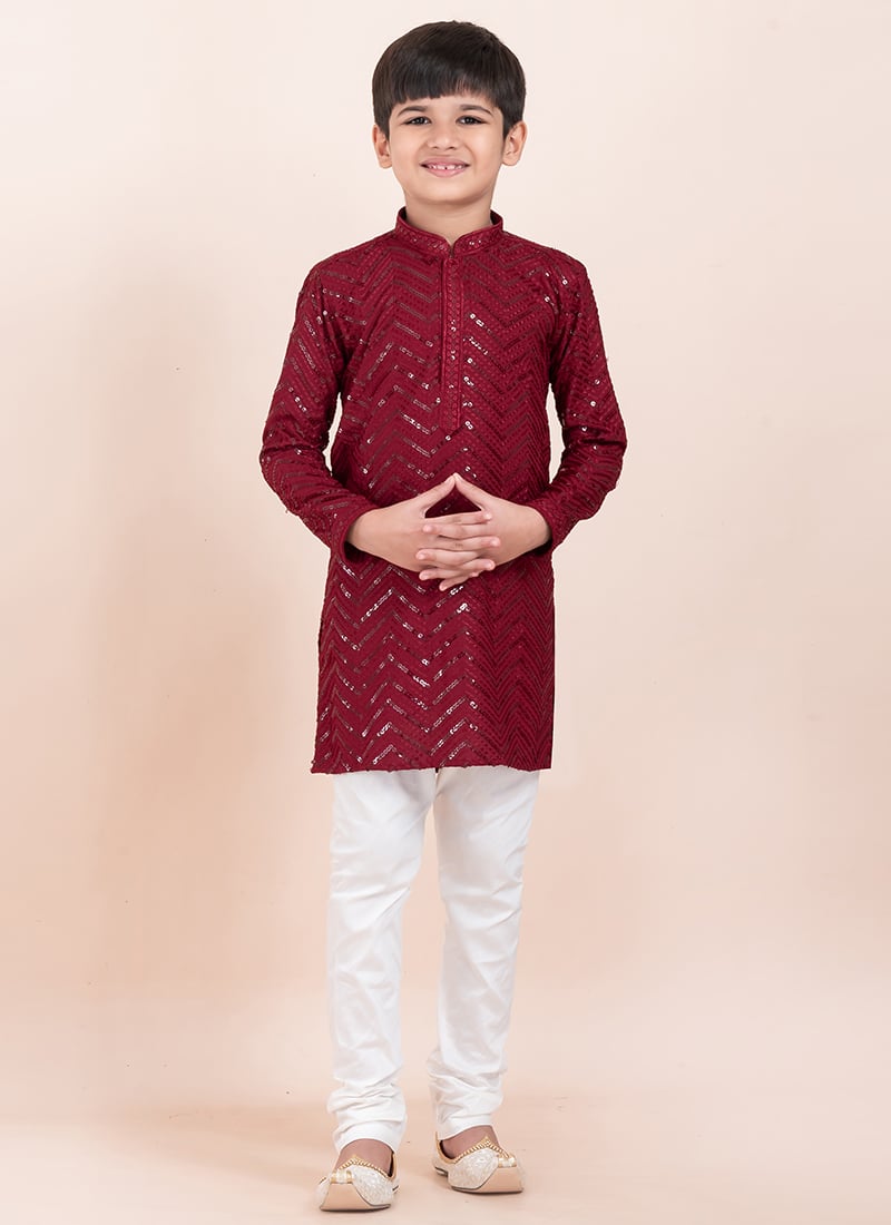 Maroon Viscose Rayon Sequins Kids Boys Kurta Pyjama Festive Wear