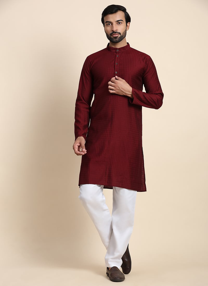 Maroon Viscose Rayon Weaved Kurta