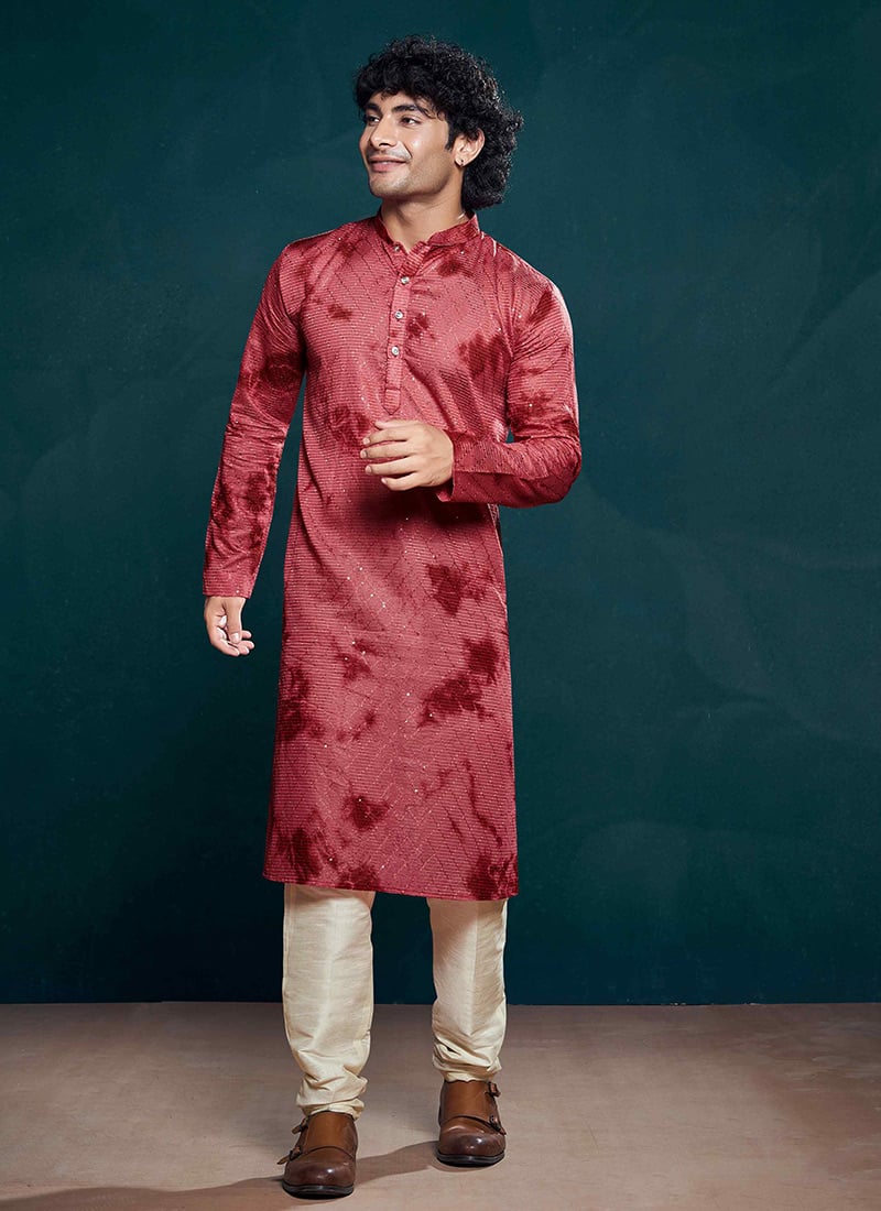 Maroon Viscose Sequins Tie And Dye Print Kurta Pyjama