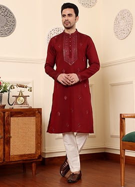 Maroon Viscose Silk Embroidered Sequin Kurta For Men