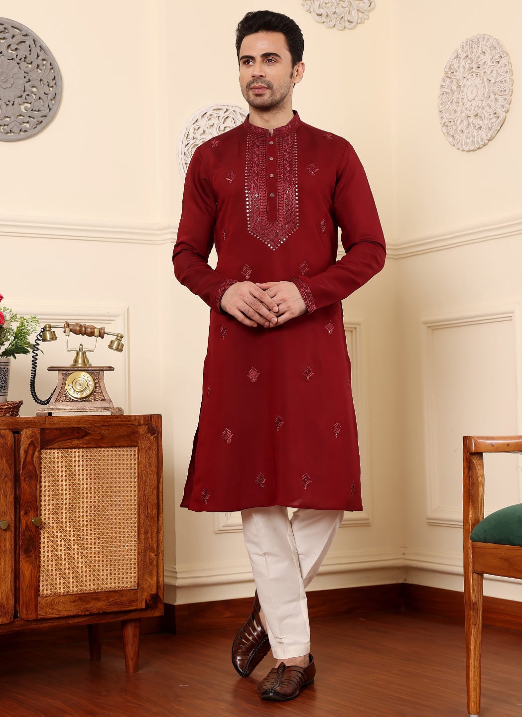 Maroon Viscose Silk Embroidered Sequin Kurta For Men