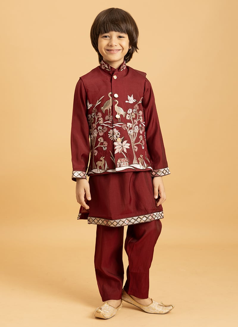 Maroon Viscose Silk Embroidered Sequins Kids Boys Bandi Set Festive Wear