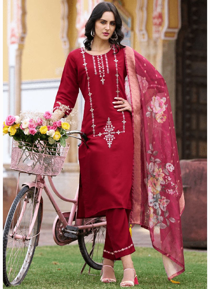 Maroon Viscose Straight Pant Suit Embossed With Embroidered After Six Wear