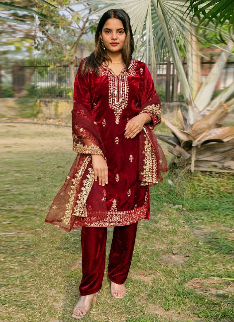 Maroon Viscose Velvet Embroidered Sequins Zari Straight Pant Suit Festive Wear