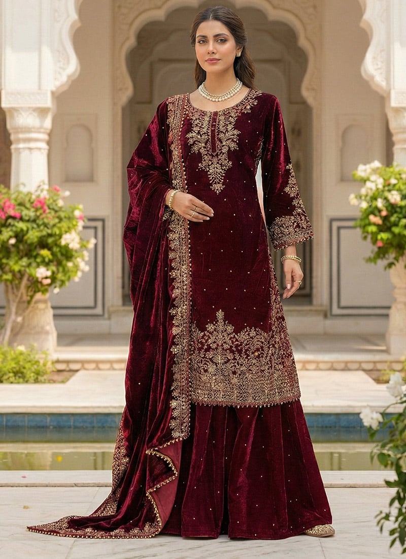 Maroon Viscose Velvet Sequins Embroidered Moti Thread Palazzo Suit Festive Wear