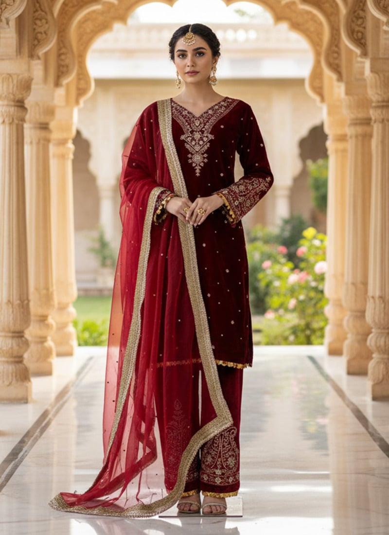 Maroon Viscose Velvet Sequins With Moti Work Straight Pant Suit Festive Wear