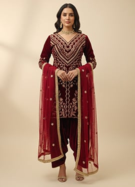 Maroon Viscose Velvet Zari Embroidered Sequins Salwar Suit
