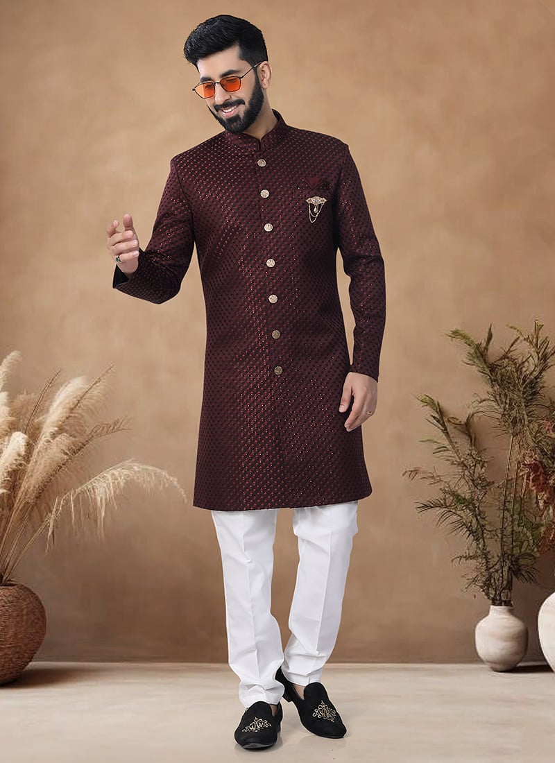 Maroon Woven Jacquard Embroidered Thread Classic Sherwani Wedding Wear