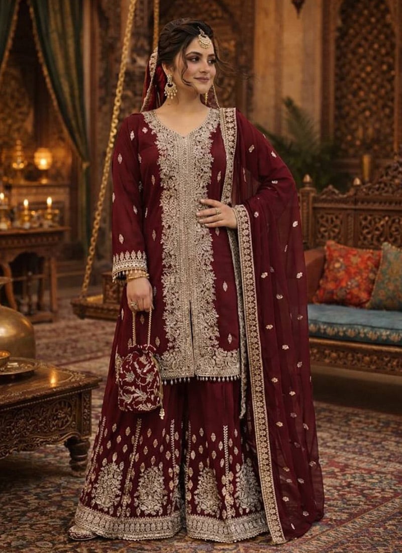 Maroon Zari Embroidered Georgette Palazzo Suit Festive Wear