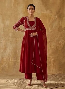 Maroon Zari Embroidered Sequins Chanderi Silk Anarkali Suit