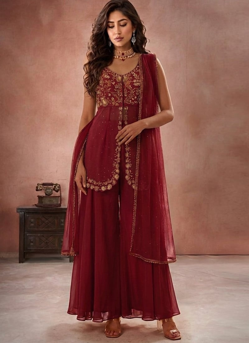 Maroon Zari Sequins Hand Embroidered Georgette Sharara Suit Festive Wear