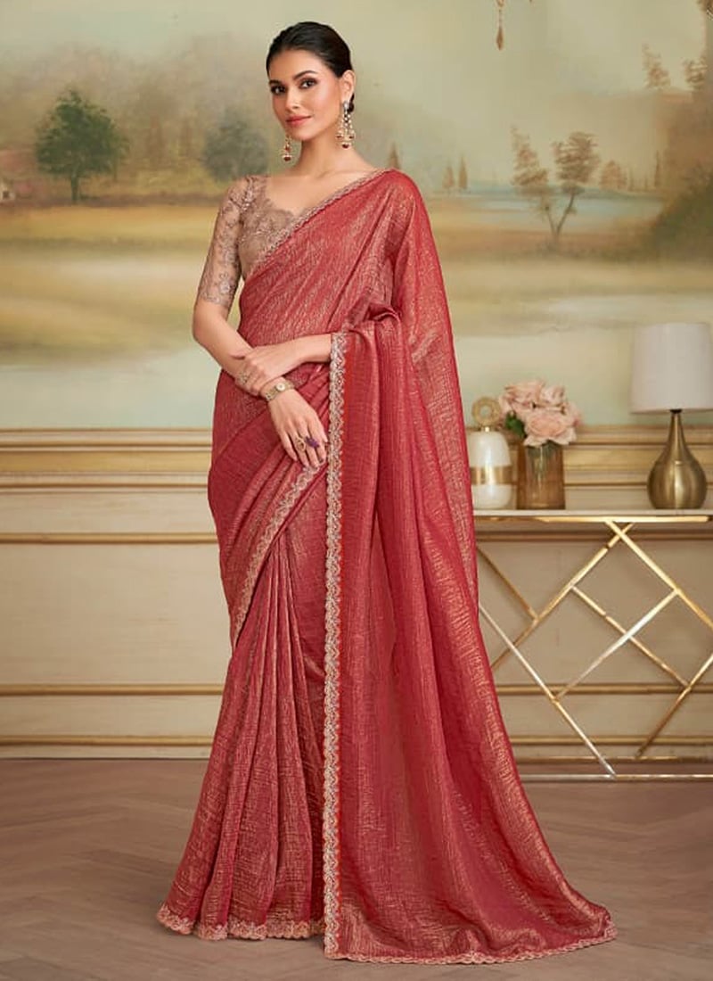 Maroonish Red Georgette Embroidered Sequins Saree Festive Wear