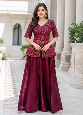 Marron Fandy Silk Tikki Work Indowestern Skirt Set