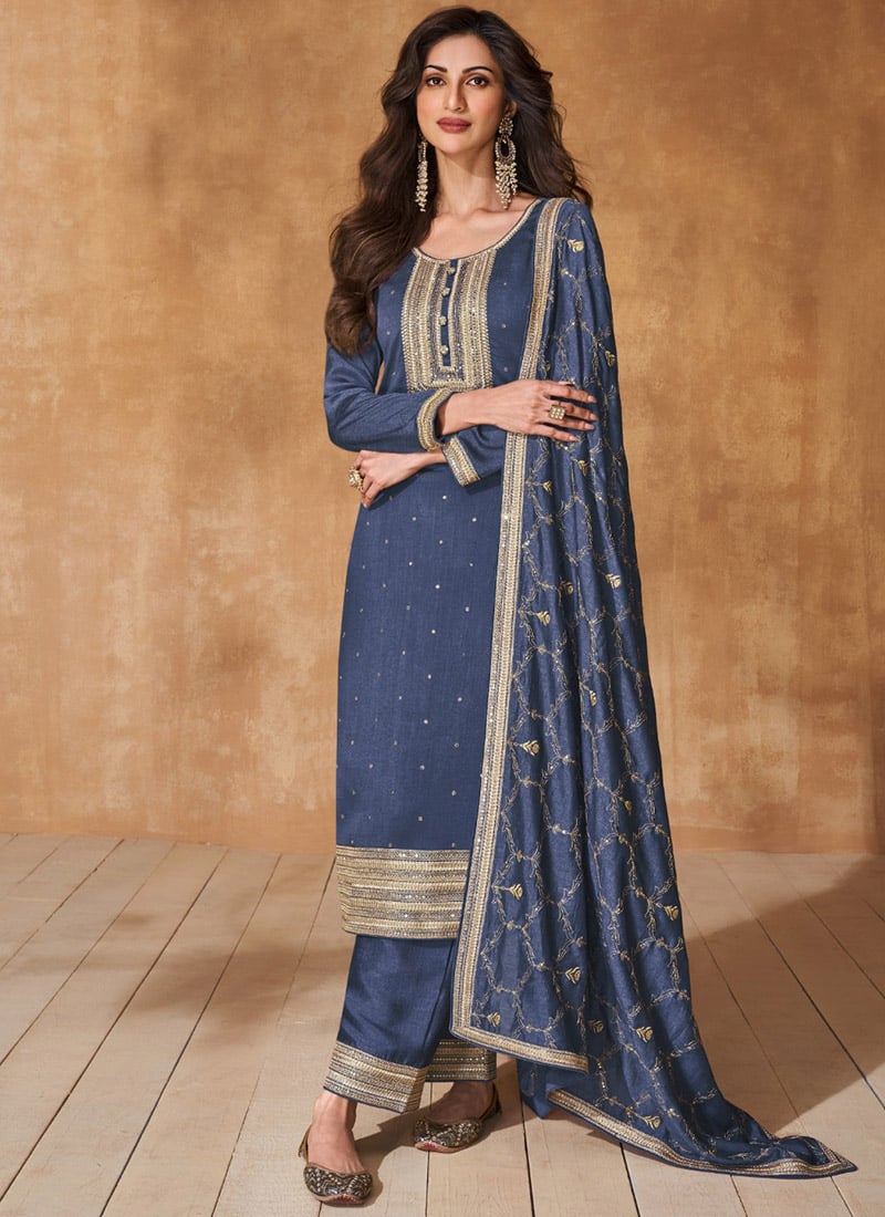 Marvellously Embroidered Sequins Silk Straight Pant Suit Party Wear