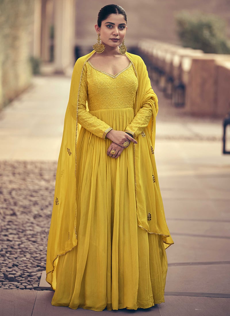 Marvellously Embroidered Yellow Anarkali Gown Party Wear