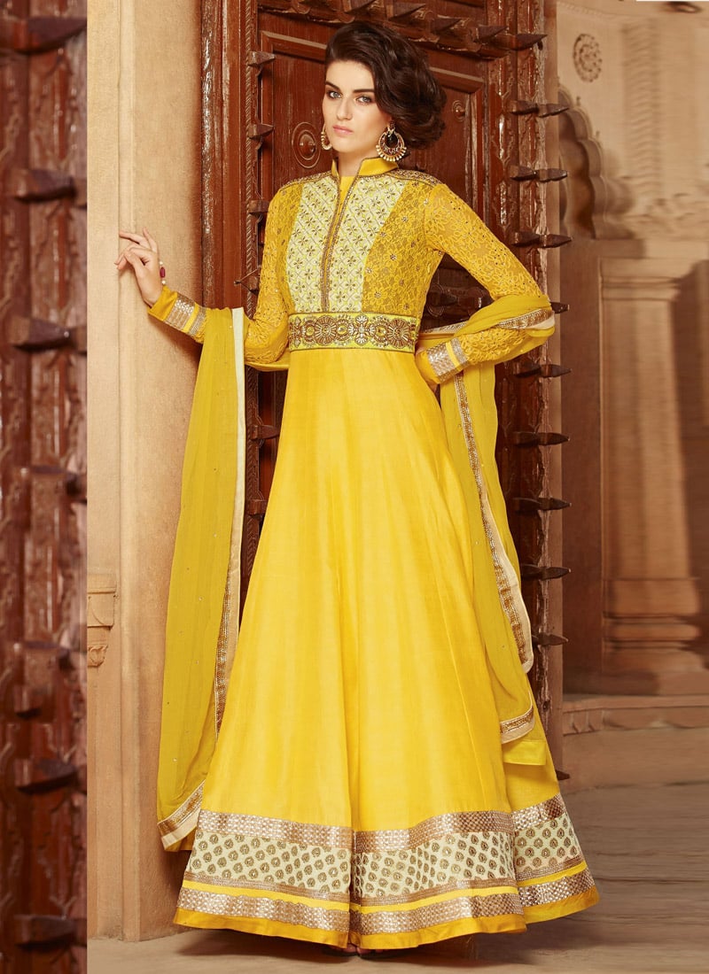Marvellously Embroidered Zari Work Silk Anarkali Suit Party Wear