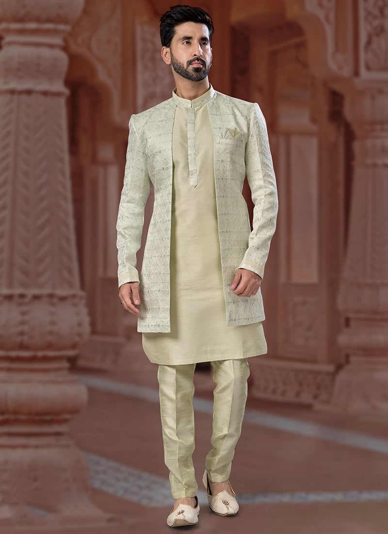 Marvellously Sequins Jacquard Dupion Silk Indowestern Sherwani Wedding Wear