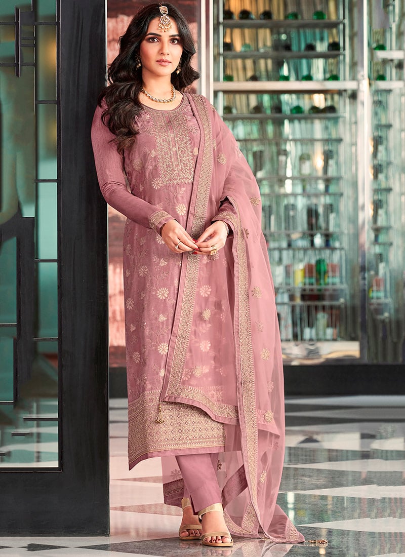 Jasmin Bhasin Mauve Art Silk Jacquard Straight Pant Suit Festive Wear